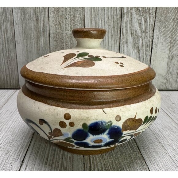 Vintage Mexican Tonala Trinket Dish with Blue Floral Accents 4" Diameter 3" Tall - Picture 1 of 14
